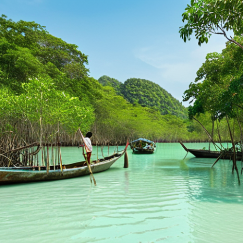**Image Prompt:** Lush mangrove forest restoration project in Thailand, showcasing community involvement with locals planting trees, traditional Thai fishing boats in the background, clear turquoise water, sunny day.