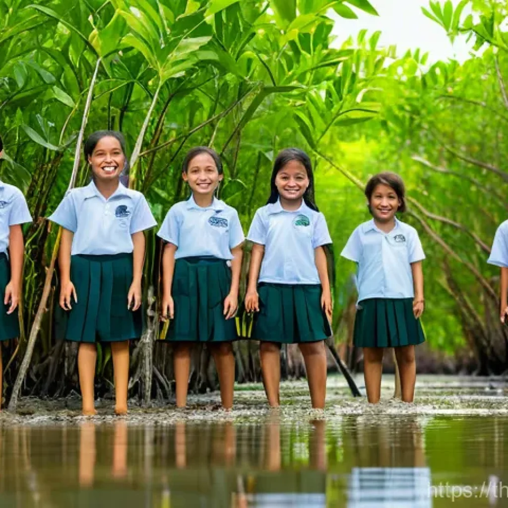 서식지 회복을 위한 장기적 교육 프로그램 운영 - **Prompt:** A group of cheerful Thai elementary school children, aged 8-10, wearing modest school un...