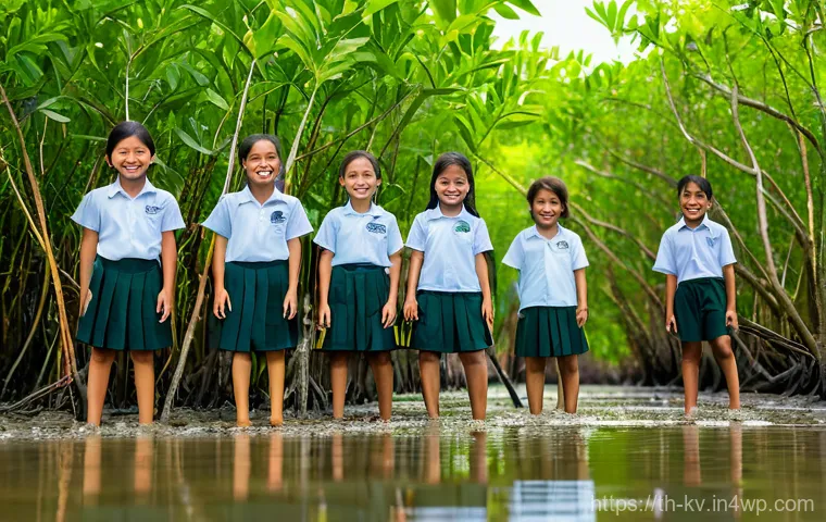 서식지 회복을 위한 장기적 교육 프로그램 운영 - **Prompt:** A group of cheerful Thai elementary school children, aged 8-10, wearing modest school un...