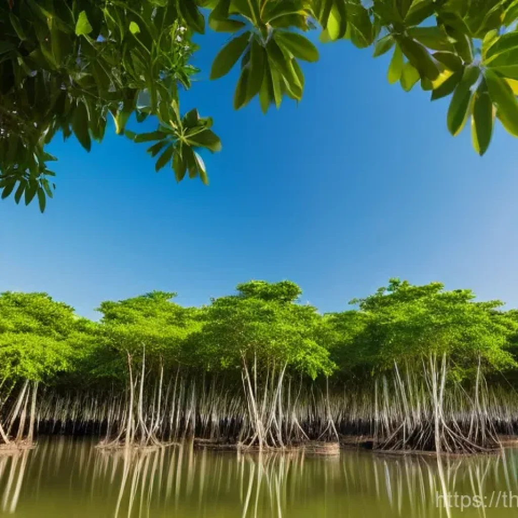 서식지 회복 프로젝트와 생태 관광 - **Prompt:** "A vibrant, panoramic view of a community-led mangrove reforestation project in a serene...