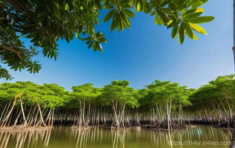 서식지 회복 프로젝트와 생태 관광 - **Prompt:** "A vibrant, panoramic view of a community-led mangrove reforestation project in a serene...