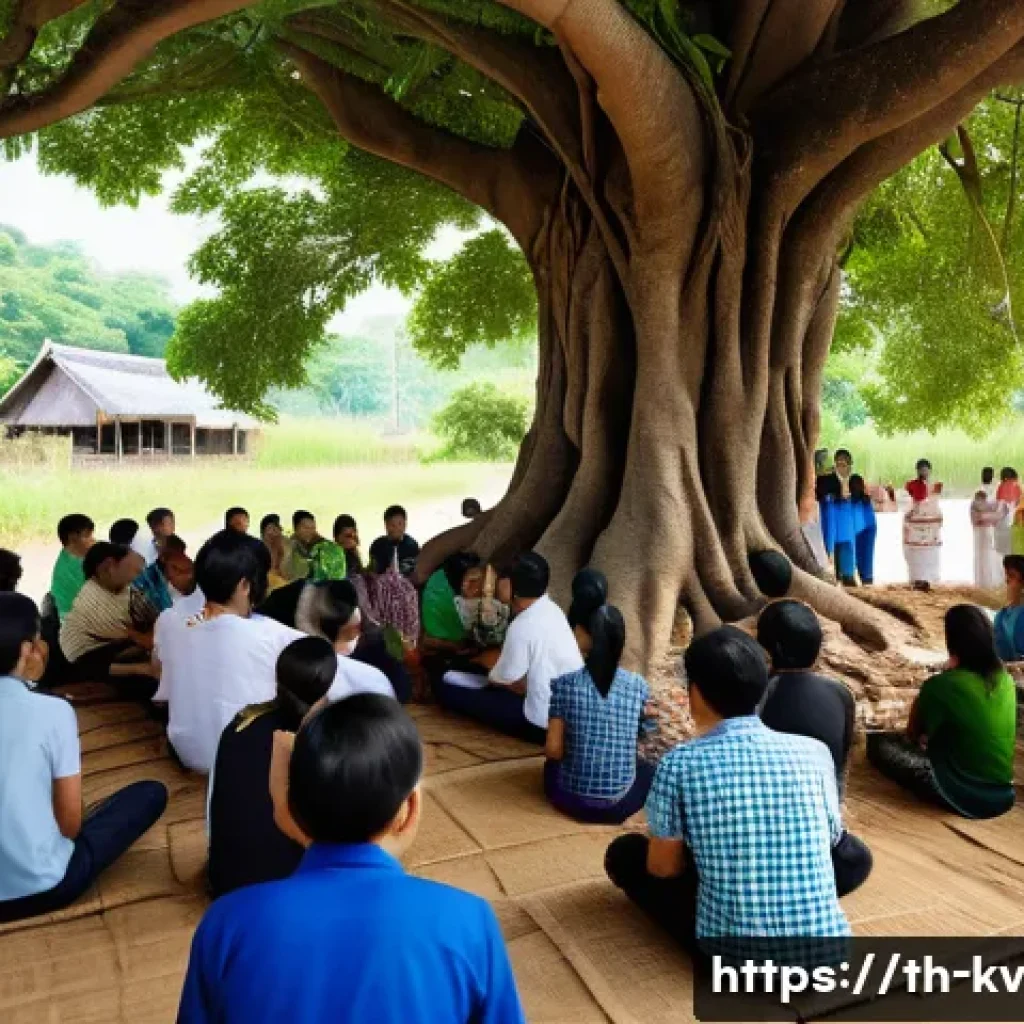 서식지 회복 프로젝트 시작하기 위한 체크리스트 - A detailed scene of a community workshop in a rural Thai village, showing diverse local people gathe...