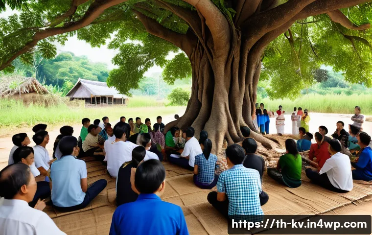 서식지 회복 프로젝트 시작하기 위한 체크리스트 - A detailed scene of a community workshop in a rural Thai village, showing diverse local people gathe...