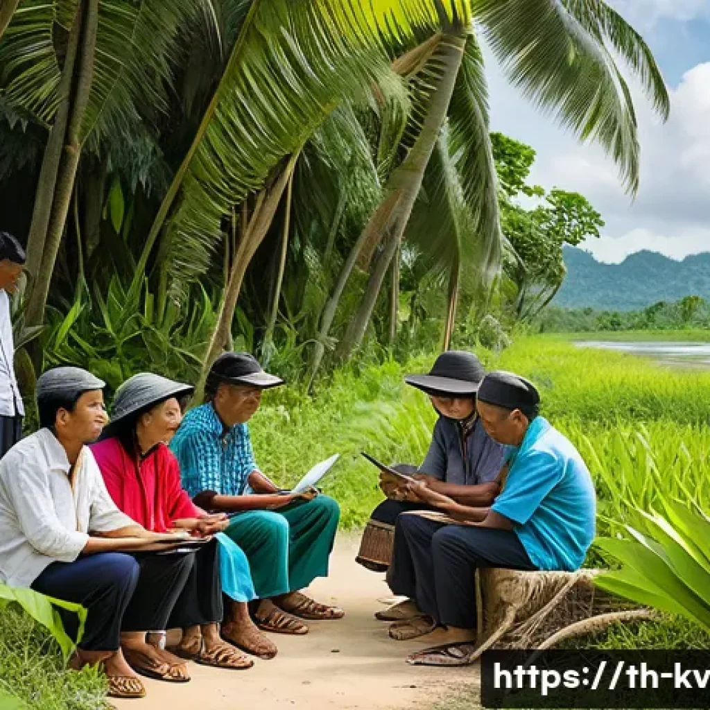 서식지 회복을 위한 커뮤니티 네트워킹 - A vibrant community workshop set in a lush Southeast Asian village, featuring diverse local people a...