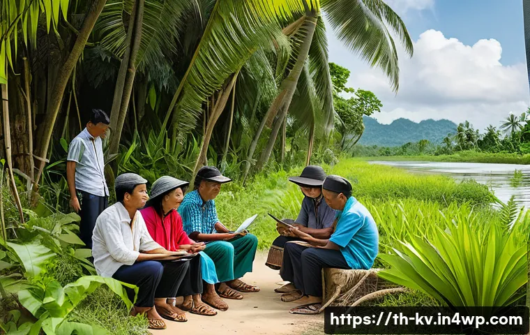 서식지 회복을 위한 커뮤니티 네트워킹 - A vibrant community workshop set in a lush Southeast Asian village, featuring diverse local people a...