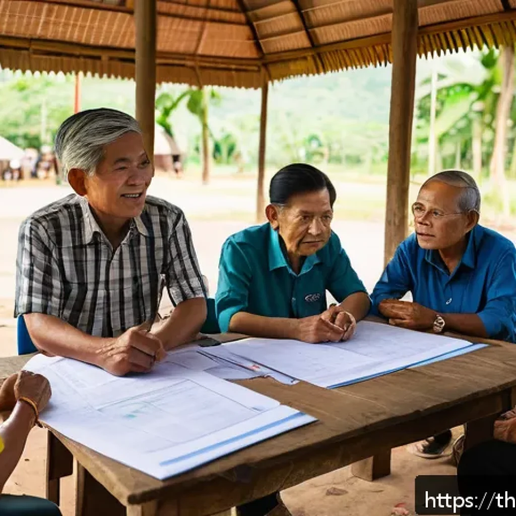 서식지 회복 커뮤니티 프로젝트의 재정 지원 방법 - A vibrant community meeting in a rural Thai village discussing a community restoration project budge...