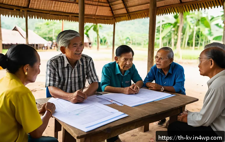 서식지 회복 커뮤니티 프로젝트의 재정 지원 방법 - A vibrant community meeting in a rural Thai village discussing a community restoration project budge...