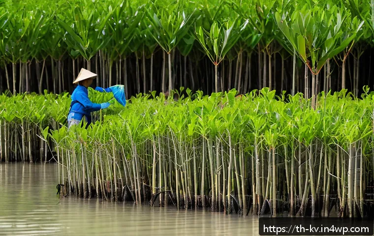 효과적인 서식지 회복 프로젝트 사례 - A vibrant coastal mangrove restoration scene in Rayong, Thailand, showcasing local villagers plantin...