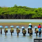 Home 20 서식지 회복 프로젝트의 국제적 사례 - A vibrant mangrove forest restoration scene in Rayong, Thailand, showing local community members pla...
