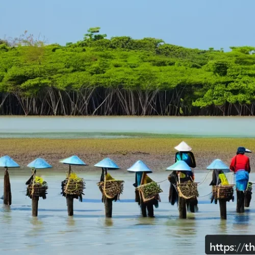 Home 32 서식지 회복 프로젝트의 국제적 사례 - A vibrant mangrove forest restoration scene in Rayong, Thailand, showing local community members pla...