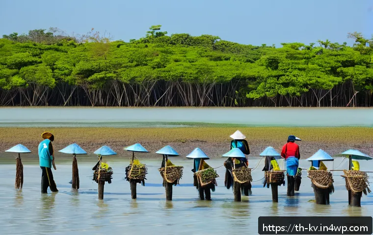 서식지 회복 프로젝트의 국제적 사례 - A vibrant mangrove forest restoration scene in Rayong, Thailand, showing local community members pla...