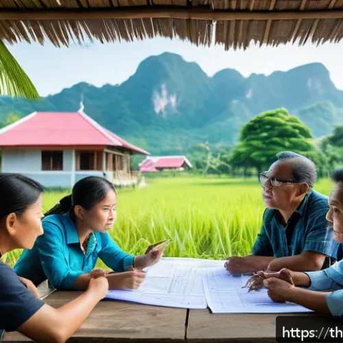 Home 31 서식지 회복을 위한 자금 조달 기법 - A vibrant Thai local community meeting outdoors in a village setting, with diverse men and women in ...