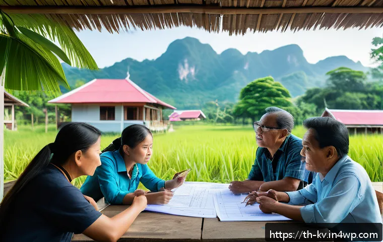 서식지 회복을 위한 자금 조달 기법 - A vibrant Thai local community meeting outdoors in a village setting, with diverse men and women in ...