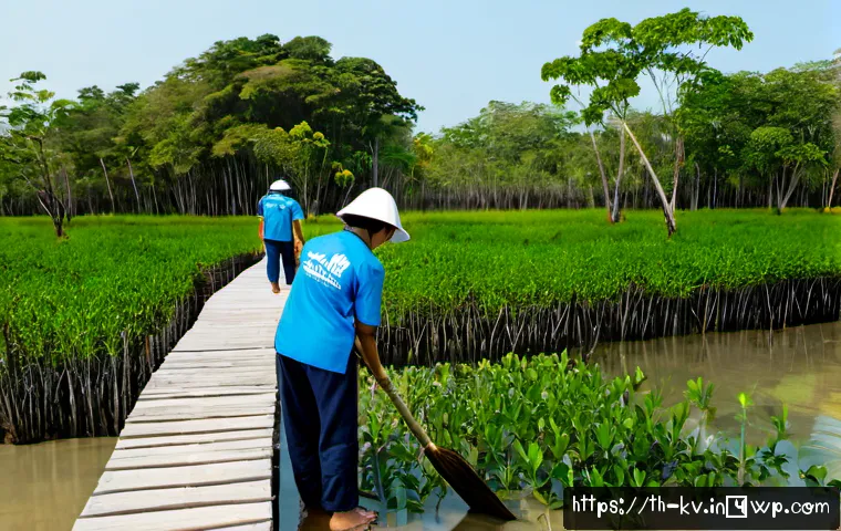 서식지 회복을 위한 지방 정부의 역할 - Photorealistic wide-angle scene of a Thai provincial government habitat restoration project, local o...