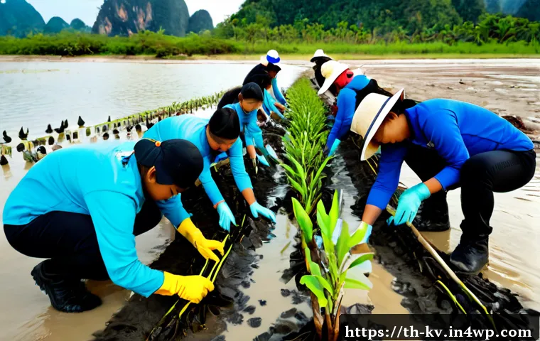 Home 29 서식지 회복을 위한 자원봉사 기회 - Photorealistic community habitat restoration volunteer scene in Thailand, diverse adult volunteers w...