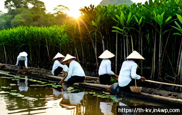 서식지 회복을 위한 지역 자원 활용 방법 - Photorealistic community habitat restoration in rural Thailand, local volunteers planting native man...