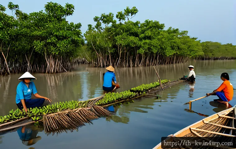 서식지 회복 프로젝트의 협력 모델 - Photorealistic wide scene of a habitat restoration collaboration in a Thai mangrove wetland, local c...